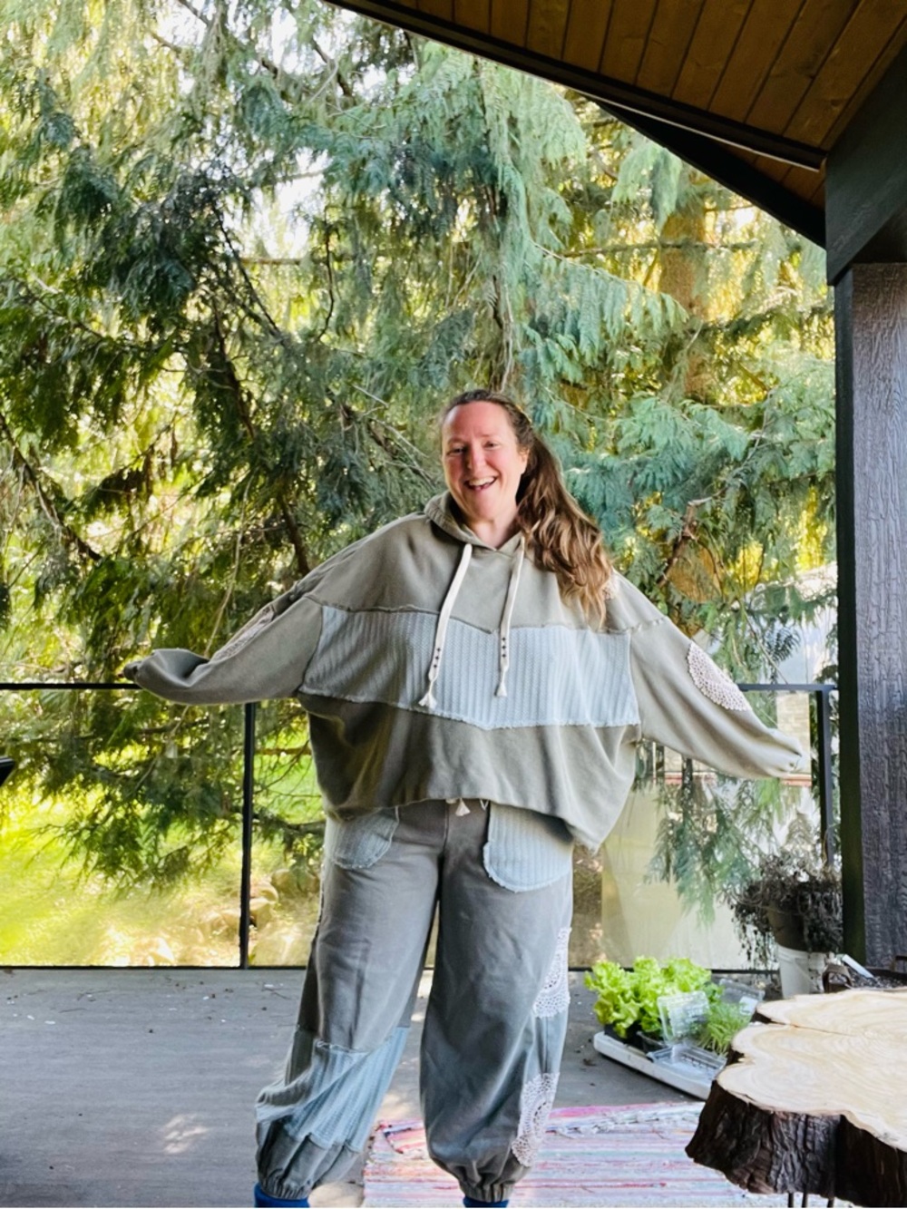 POL boho mixed textured doily joggers in matcha Large